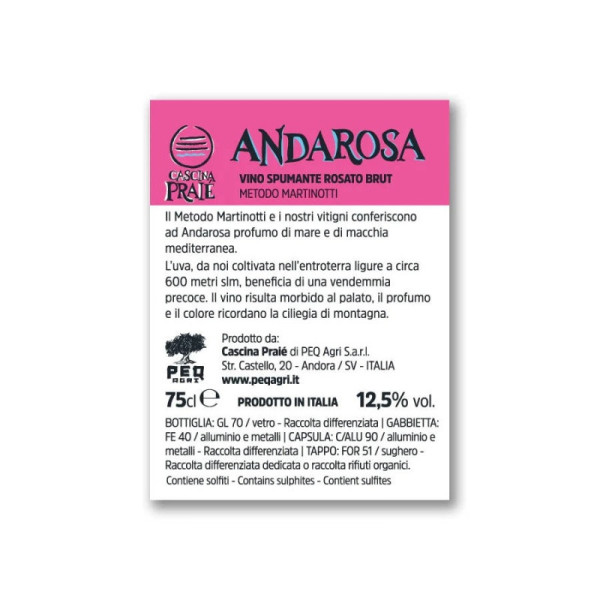 Vin Pétillant Brut Rosé Méthode Martinotti Andarosa, l.